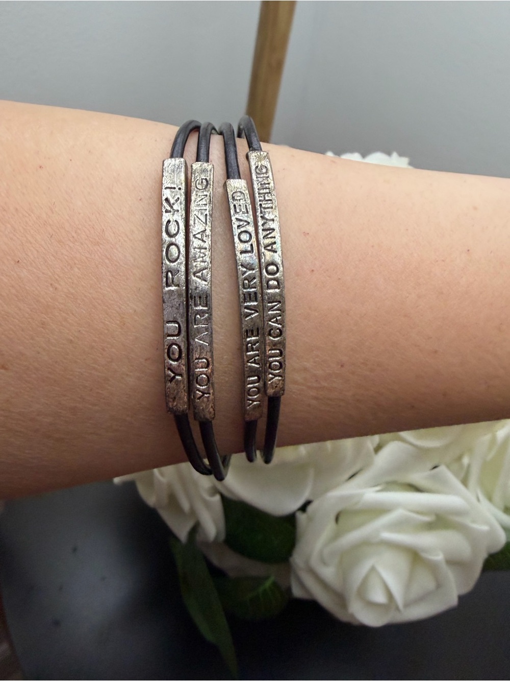 Inspirational Brown Leather Wrap Bracelet with Silver Tone Message Bars